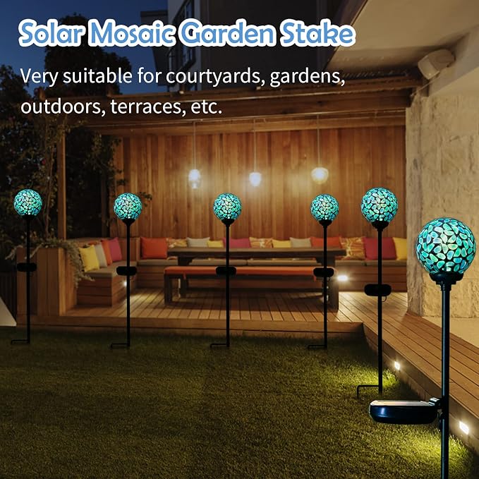 Solar Outdoor Decorative Light, Mosaic Stake for Yard Decor, 3.5" | 2 Pack Crackle Glass Sphere Mosaic Glass Ball Stake, Waterproof Design & Solar Lights for Lawn, Yard & Pathway Decor, Blue