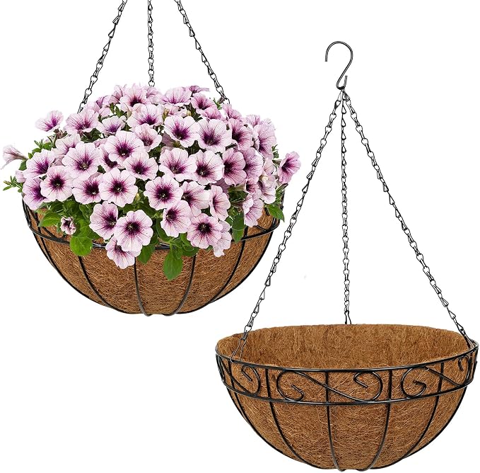 2 Pack 14 inch Metal Hanging Baskets for Plants, Round Metal Wire Hanging Basket Planter with Coco Fiber Liners Chain for Garden Home Porch Patio, Flower Border