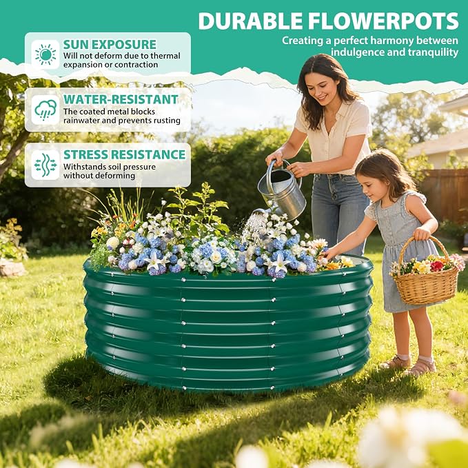 YSEJOMP 17" Tall Round Outdoor Garden Raised Garden Bed Kits-0.8MM Thick Metal Raised Planter Bed/Ground Planter Box for Variety of Flowers,Herbs,Vegetables,Trees (Dark Green, 48 Dia X 16.5inches)