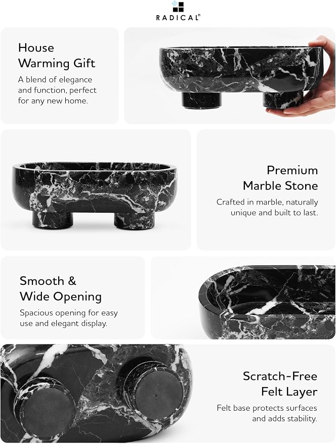 Radicaln Marble Oval Bowl With Stand 10" Inches Black Handmade Candy Dish and Candle Holder, Ideal Key Bowl, Fruit and Decorative Bowl For Entryway Table