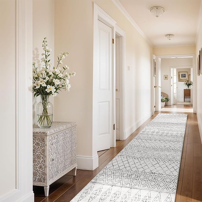 2'6"x12' Hallway Runner Rug: Moroccan Washable Bedroom Rugs Geometric Grey | Soft Non Slip Long Floor Mat Low Pile Farmhouse Carpet with Rubber Backing for Front Door Entryway