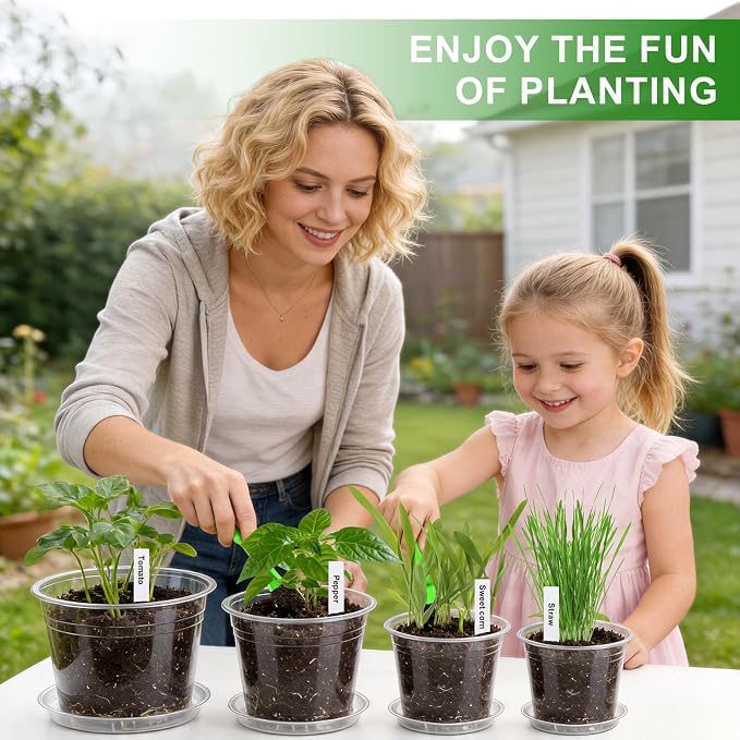 5/6/7/10 Inch Large Clear Nursery Pots with Drainage and Saucers - 16 Pack Plastic Plant Pots with Garden Tools & Labels, Seedling Pots for Transplanting Succulents Flowers Herb Vegetables