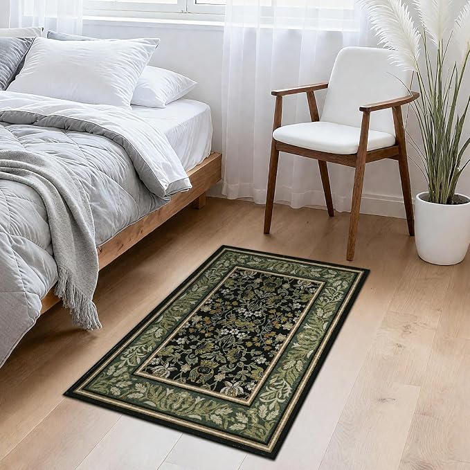 GarveeHome Small Area Rugs 2x3 Non Slip Washable Entryway Rug, Green Black | Boho Vintage Front Door Mat Soft Low-Pile Stain Resistant Indoor Throw Carpet for Kitchen Bathroom Bedroom Decor