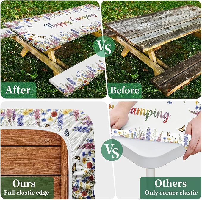 Picnic Table Cover with Bench Covers Elastic Edges, Butterfly Camper Fitted Table Cover, Outdoor Camping Essentials 72 Inch 3PCS, Waterproof Camping Fitted Tablecloth with Drawstring Bag