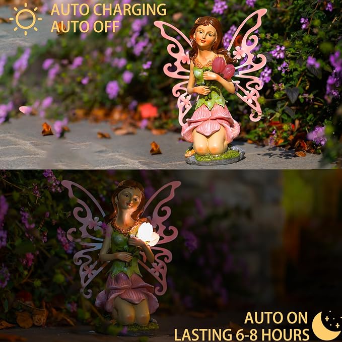 Suyorpe Solar Fairy Garden Statue Lights Outdoor Decor - Fairies Pink Flower Resin Waterproof Figurine for Patio Backyard Yard Lawn Decoration,Gift for Mom Grandma Wife