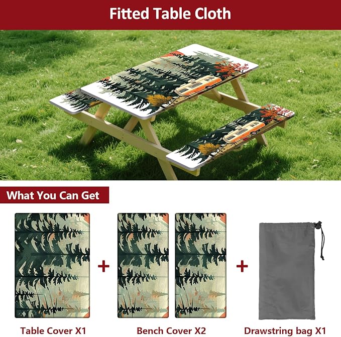 Picnic Table Cover with Bench Covers 6FT 3PCS, Camping Essentials Waterproof Windproof Tablecloth with Drawstring Bag, Fitted Rectangle Tables and Seats, 72", RV Serenity
