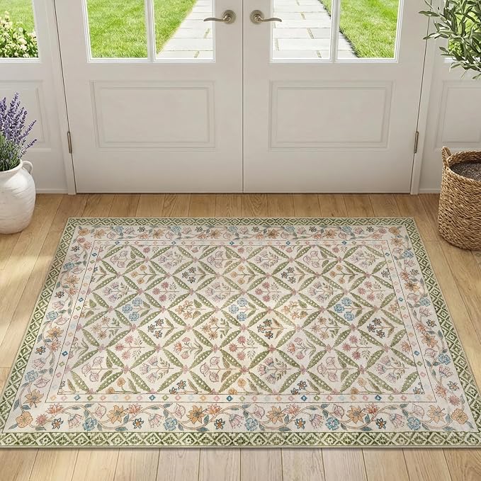jinchan Vintage Floral 3x5 Washable Entryway Accent Area Rug, Sage Green | Soft & Lightweight, Checkered Floral, Low Pile, Non Slip, Entrance, Kitchen, Bedside, Girls Dorm, Cottage Decor