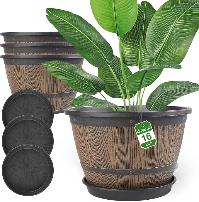 16-inch-Plant-Pots-Indoor-Outdoor, 4 Pack Large Whiskey Barrel Planters with Drainage Holes & Saucer, Plastic Flower Pots Imitation Wine Barrel Design, Decorative Garden Pots for Plants