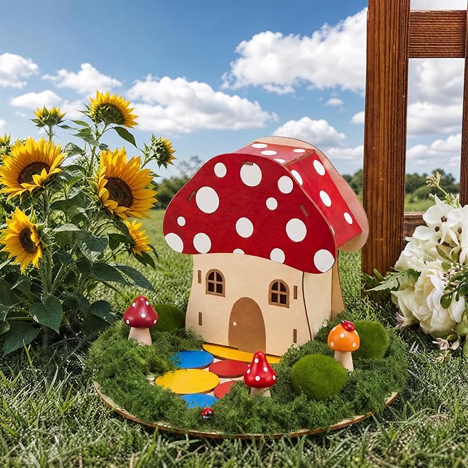 Kathfly 8 Sets Wooden Fairy House DIY Craft Kit for Kids with Paints & Decorations,Unpainted Miniature Garden Accessories for Home Event Party Decorations, Arts Birthday Party Favor (Mushroom Houses)