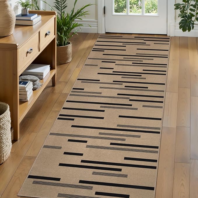 Tangsoo Easy Jute 2.6x10 Washable Runner Rug for Hallway,Non-Slip Door Rug | Modern Thin Outdoor Runner Mat Farmhouse Indoor Irregular Striped Long Carpet Runner for Porch Laundry Bedroom Living Room