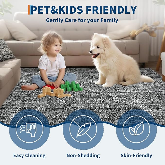 Garvee Modern Solid Washable Rug 8x10 Area Rugs for Living Room Grey | Soft Non Slip Rugs for Bedroom, Low Pile Neutral Rug, Stain Resistant Foldable Carpet for Playroom Dorm, Farmhouse Rugs