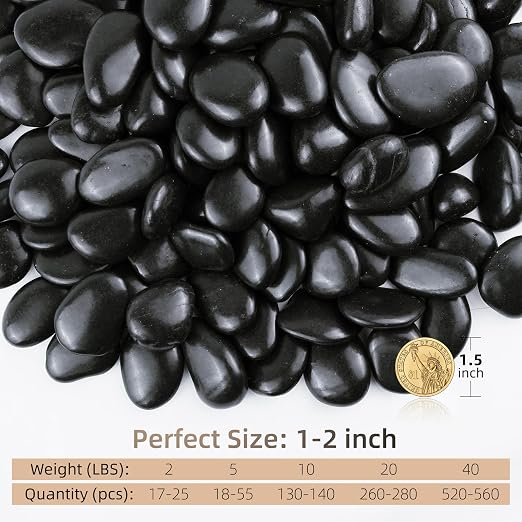 2lbs Black Pebbles for Indoor Plants, 1-2Inch Natural River Rocks for Aquarium, High Polished Decorative Stones for Vase Filler Fish Tank Landscaping Garden