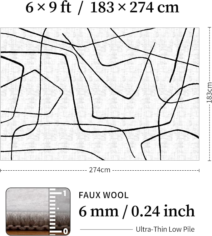 6x9 Washable Modern Abstract Black White Area Rug | Ultra-Thin Low Pile, Non-Slip TPE Backing, Soft Stain Resistant, Machine Washable, for Bedroom Livingroom High Traffic