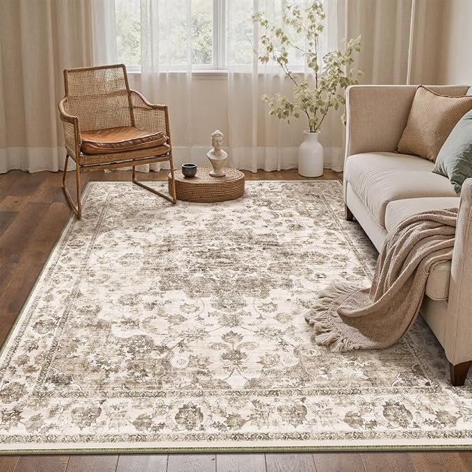 3x5 Brown Neutral Area Rug | Washable, Non Slip, Soft Low Pile, Vintage Farmhouse, for Entryway Kitchen Bathroom Living Room Bedroom Indoor Home Decor