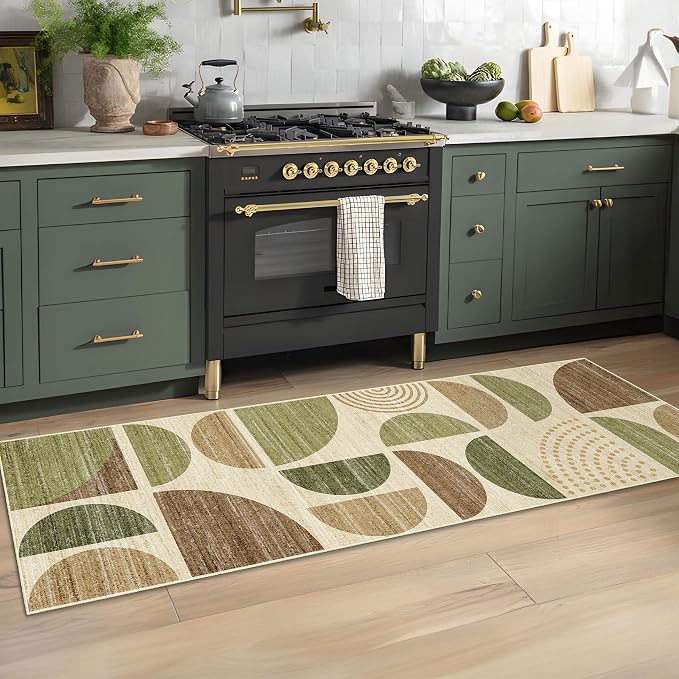 Runner Rug Washable,2x6 Area Rugs Non Slip Modern Abstract | Long Throw Carpet for Hallways Kitchen Bathroom Bedroom Entryway Bedside Laundry Boho Soft Low Pile Vintage Green and Brown