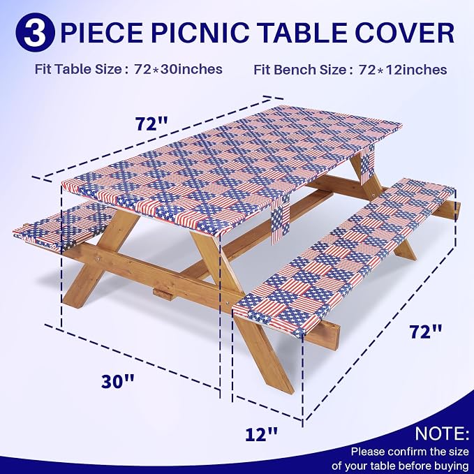 Jobunai 72In Picnic Table Cover with Bench Covers Fitted Stain Resistant Rectangular Table Cloth Campers Patio Garden Vacation Gear Cool Gifts for 40th 50th 60th 70th Grandparents Grandma Grandpa