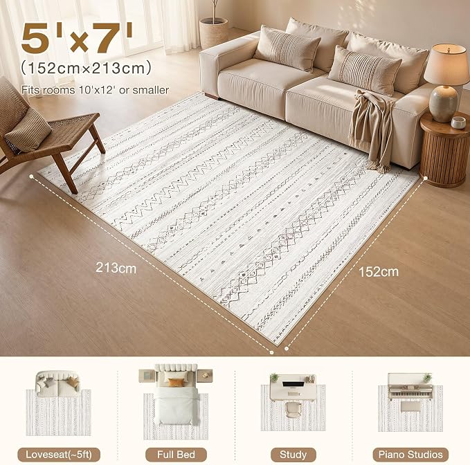 cotiled Boho 5x7 Area Rugs for Living Room: Soft Moroccan Washable Rug | Solve Modern Neutral Trendy Home Decor - Stain Resistan Indoor Carpet for Bedroom Dining Room Brown