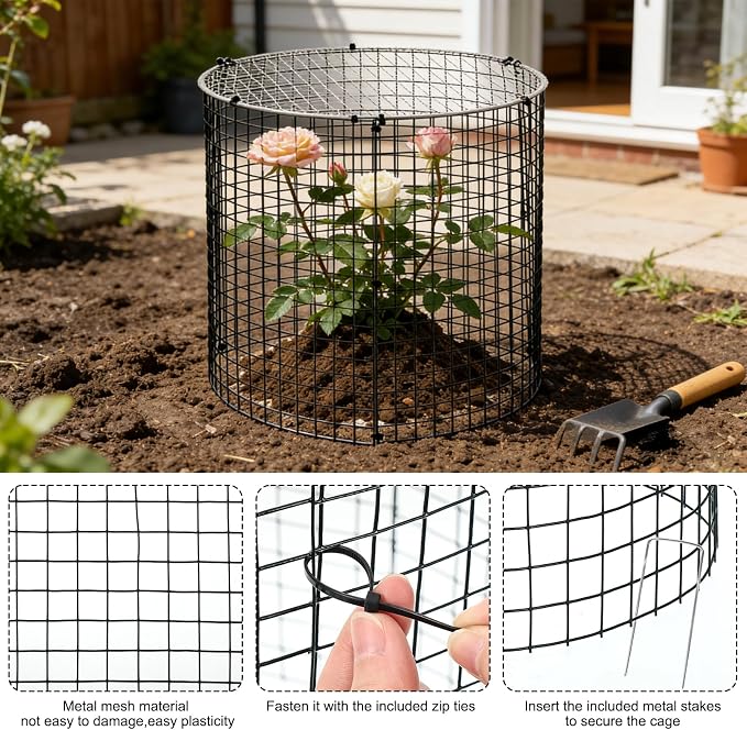 10 Sets 12"x 12" Garden Plant Protectors from Animals with Detachable Covers Metal Plant Cage Chicken Wire Cloche with Ground Stakes & Nylon Tie Wire Plant Cage to Keeping Bunny Animals Out Chicken