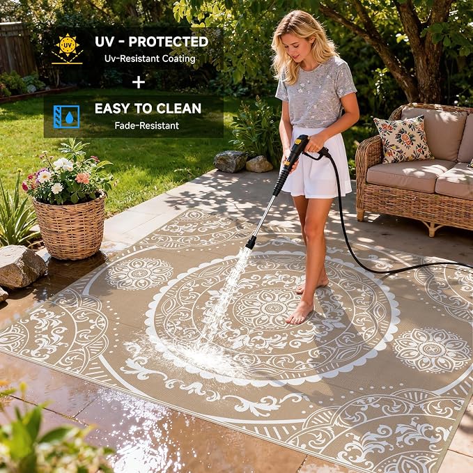 Pauwer Waterproof Outdoor Rug 8x10, Reversible Plastic Straw Patio Camping Rug, Indoor Outdoor RV Mat Carpet for Deck, Camper, Porch, Balcony, Backyard, Picnic, Paisley Brown