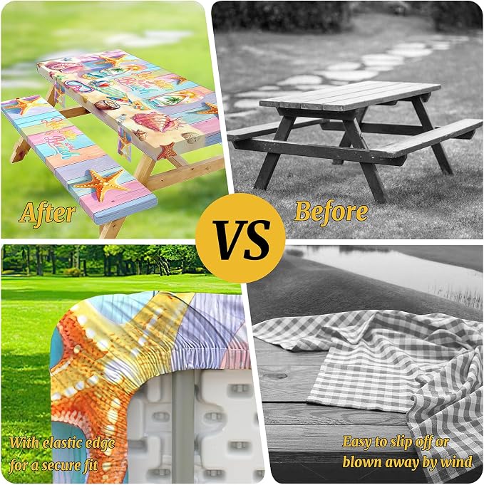 Picnic Table Cover with Bench Covers Elastic,Fitted Table Cloths for Rectangle Tables 6 Foot Washable,Waterproof Tablecloth for Outdoor Camping Essentials (Colorful Beach, 6 Foot)