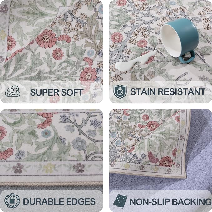 Washable 2'6" x 10' Runners for Hallways, Non Slip Long Floor Runner for Kitchen, Entryway Indoor, Stain Resistant Rubber Backing Floral Decor Rug (Light Green)