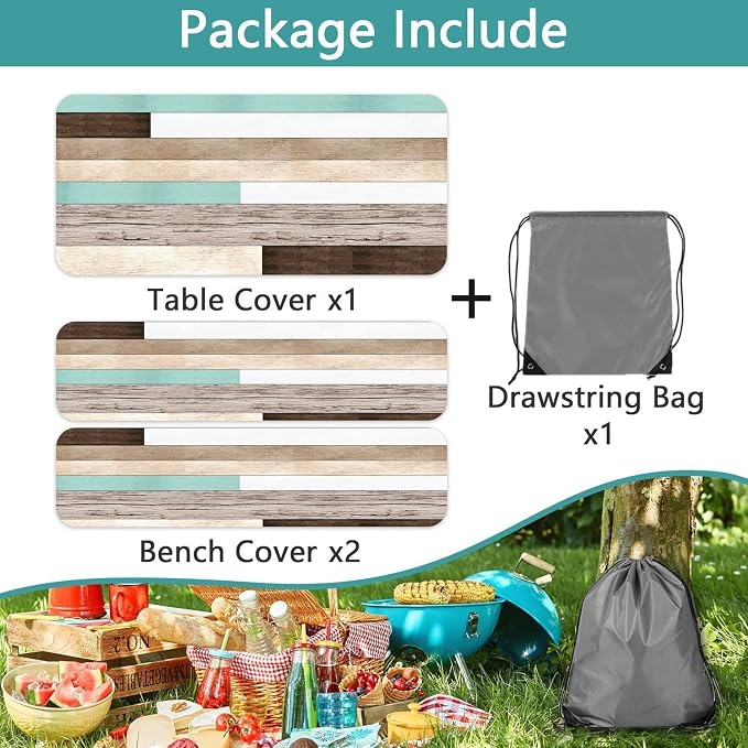 Picnic Table Cover with Bench Covers and Bag, Teal Wooden Camper Waterproof Windproof, Fitted Tablecloth Cover with Elastic Edge, for Indoor & Outdoor, Garden, Camping, 3 Pieces Set, 30x60 Inch