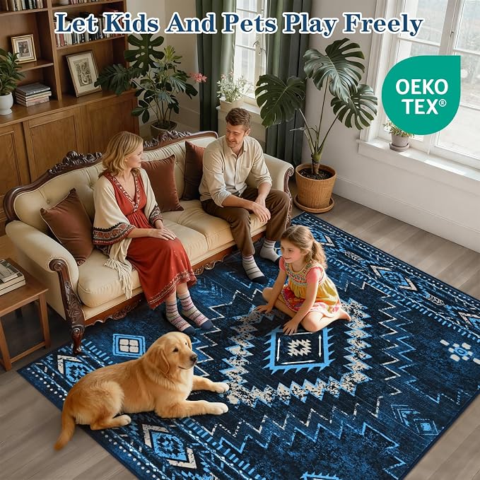 Yinhua Living Room Rug 6x9, Western Washable Area Rug for Bedroom | Aztec Blue Rugs Non-Slip with Rubber Backing, Soft Non-Shedding Carpet for Office Nursery