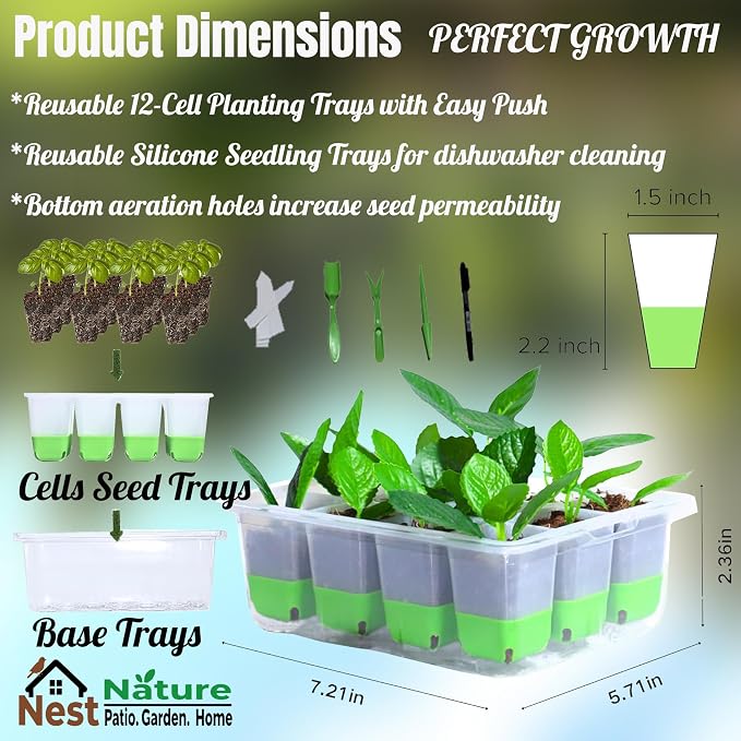 NestNature 5-Pack Seed Starter Tray Set|Reusable 60Cell Seed Starter Trays | Flexible Germination Trays For Plants|Seed Trays With Flexible Pop-Out Design&Dishwasher Safe For Herbs,Vegetables,Flowers