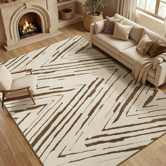8x10 Area Rug for Living Room, Large Washable Cream Brown Rug | Large Washable Rug for Living Room, Dining Room, Bedroom, and Family Room with Abstract Stripes and Non-Slip Backing.