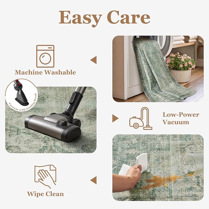 Muted Green 2x3 Entryway Rug, Low Pile Ultra Thin Washable Kitchen Rugs Non Slip, Vintage Distressed Medallion Transitional Small Rug for Bathroom, Farmhouse Inside Door Mats for Entrance Foyer