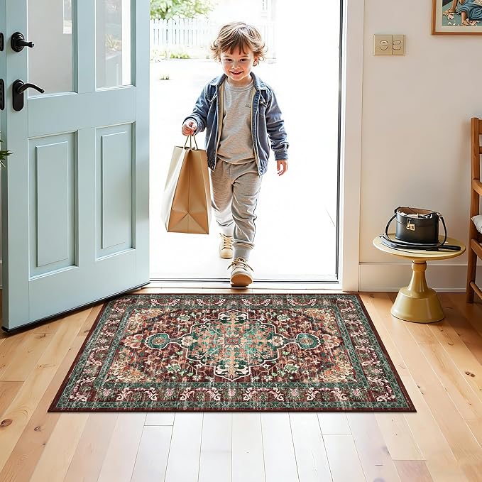 U'Artlines Boho Front Door Mat, 2x3 Machine Washable Rug, Rust＆Teal | Low Pile, Non Slip, Ultra-Thin Soft Floor Carpet, Vintage, Accent Rug for Living Room Bedroom Dining Room Office