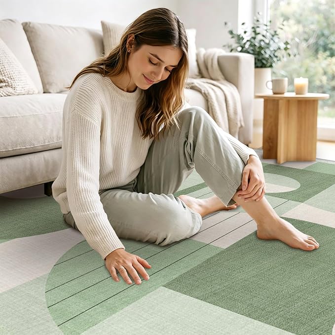 2x3 Green and White Geometric Boho Rug for Bathroom Entryway Abstract Area Rug Machine Washable Mat Non-Slip Small Carpet for Bedroom Kitchen Indoor