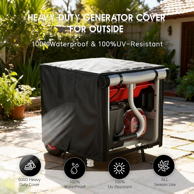 Waterproof Generator Cover, 30x30x26 inch, 600D Heavy Duty Oxford - for Most Generators 5500-15000 Watt, Portable Generator Cover for Outside, Black