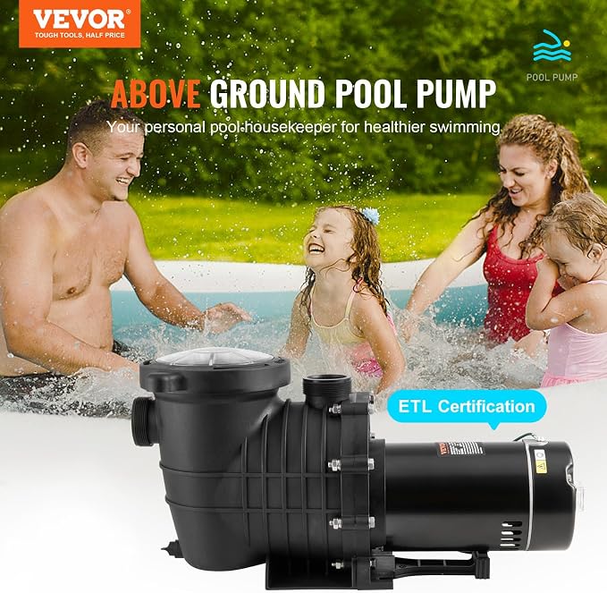 VEVOR Above Ground Pool Pump, 1.5 HP, 100 GPM Single Speed Swimming Pool Pump, 110V/240V 3450 RPM 50.9 ft Max Head Pool Pump with Filter Basket, for Above Ground Pools Hot Tubs Spas
