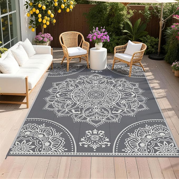 Pauwer Waterproof Outdoor Rug 6x9, Reversible Plastic Straw Patio Camping Rug, Indoor Outdoor RV Mat Carpet for Deck, Camper, Porch, Balcony, Backyard, Picnic, Floral Grey