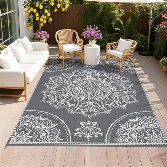 Pauwer Waterproof Outdoor Rug 6x9, Reversible Plastic Straw Patio Camping Rug, Indoor Outdoor RV Mat Carpet for Deck, Camper, Porch, Balcony, Backyard, Picnic, Floral Grey