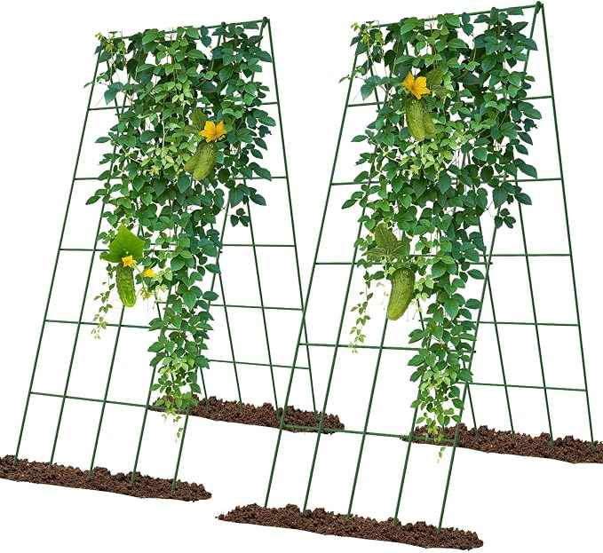 Cucumber Trellis 2 Pack, Foldable A-Frame Garden Trellis for Raised Bed Garden Grow Support with Plant Support Clips, Twist Ties, Plastic Ties, for Cucumber,Tomato, Climbing Plants and Flowers