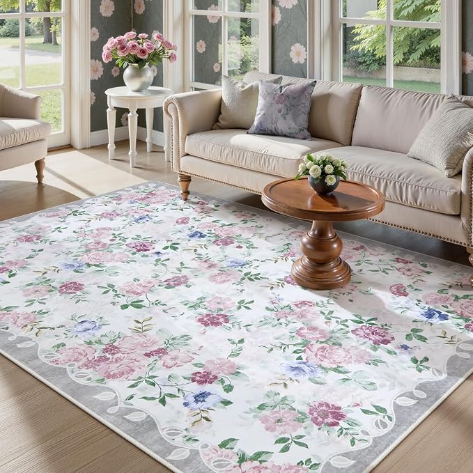 Lahome Purple Rugs for Bedroom, Floral 5x7 Area Rug | Vintage Living Room Rug Non Slip Low Pile Ultra-Thin Large Carpet for Farmhouse Dining Room Kids Nursery Nina (Purple/Grey)