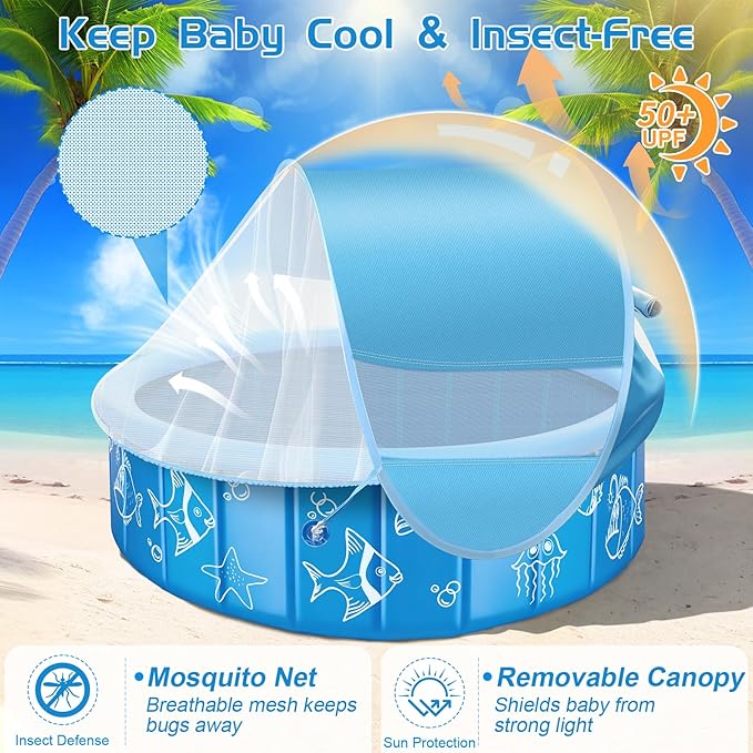 KJX Baby Pool with Canopy Sprinkler, 47in Foldable Kiddie Pool with Tent | Pop Up Baby Beach Tent with Mosquito Net and Sun Shade Canopy, Portable Toddler Kids Small Pool for Backyard Beach Outdoor