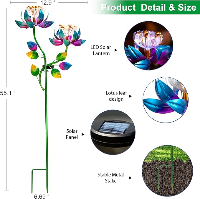 Solar Wind Spinner Outdoor 2-in-1 Garden Decor with LED Lights | Double Lotus Wind Spinner Adds Kinetic Yard Art Charm, Creating A Colorful Rotating Display For Garden Decor, Patio And Lawn