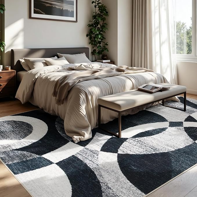 Joydeco Washable Geometric 8x10 Area Rugs for Living Room, Black Gray White | Non-Slip Low Pile Soft Stain Resistant Dark Gray Modern Pet Child Friendly Carpet for Bedroom Dining Room Home Office