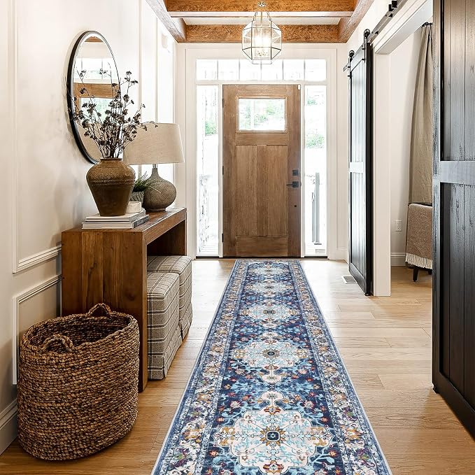 U'Artlines 2'x12' Boho Hallway Runner Rug Non Slip Washable Runners,Blue | Vintage Farmhouse Kitchen Rug Accent Area Carpet for Entryway Laundry and Living Room