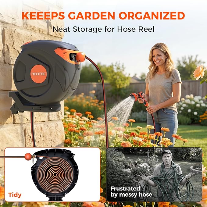 Retractable Garden Water Hose 82ft 1/2 inch, Wall Mounted Hose Reel with Automatic Rewind System, Any-Length Lock & Spray Nozzle for Efficient Yard Work