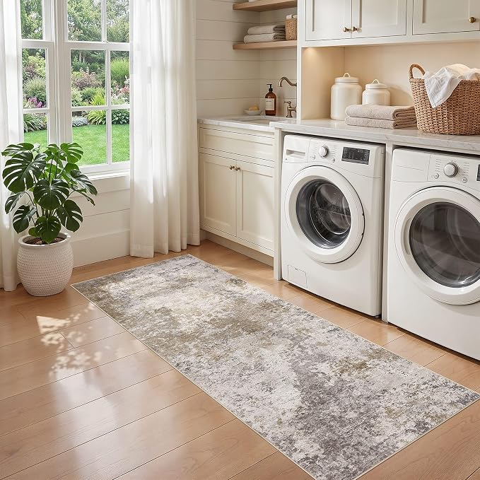 Nakagishi 2x6 Abstract Washable Area Rugs for Entryway-Brown Grey | Modern Non-Slip Silicone Backing Low Pile Soft Carpet for Bedroom Dining Decor for Families with Kids and Pets
