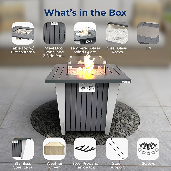 SereneLife Propane Fire Pit Table with Sturdy Metal, Gas Pits with 50,000 BTU and Stainless Steel Fire Pan, Includes Decorative Glass Rocks, Weather Cover, CSA Certified for Outdoor Fireplaces