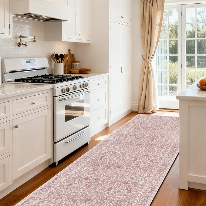 Washable 2'6" x 8' Runners for Hallways, Non Slip Long Floor Runner for Kitchen, Entryway Indoor, Stain Resistant Rubber Backing Floral Decor Rug (Pink)
