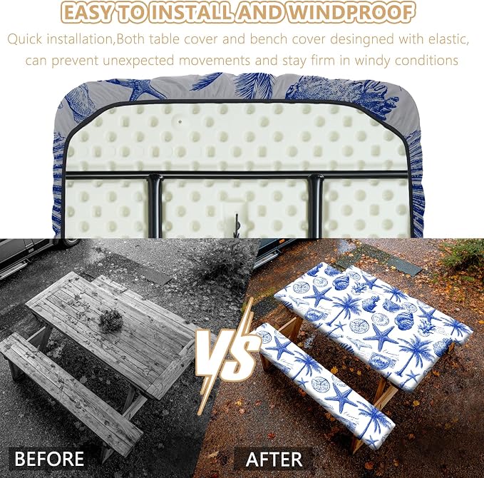 Picnic Table Cover with Bench Covers Elastic Edges, Outdoor Patio Camping Essentials 72 Inch 3PCS, Waterproof Camping Fitted Tablecloth with Handbags (Vintage ocean theme)