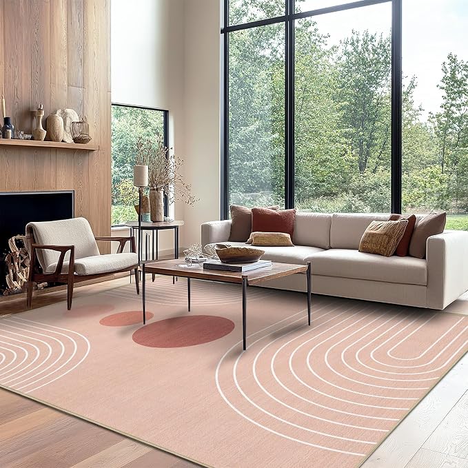 8x10 Area Rug for Living Room Boho Modern Minimalist Geometric Abstract Large Rug Pink Mid Century Modern Machine Washable Non-Slip Printed Low-Pile Indoor Floor Carpet Dining Room Bedroom Pink