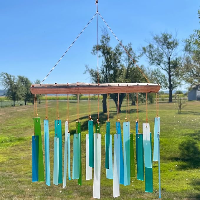 Blue Handworks Sea Glass and Driftwood Chime | Sandblasted Glass and Found Wood Hand Crafted Wind Chime