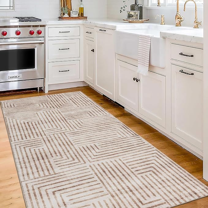 Machine Washable Area Rug Runner - Living Room Bedroom Bathroom Kitchen Entryway Office - Non-Slip Baking Low Pile Stain Resistant Premium - Modern Geometric - Finn - Beige 2'6" x 8'